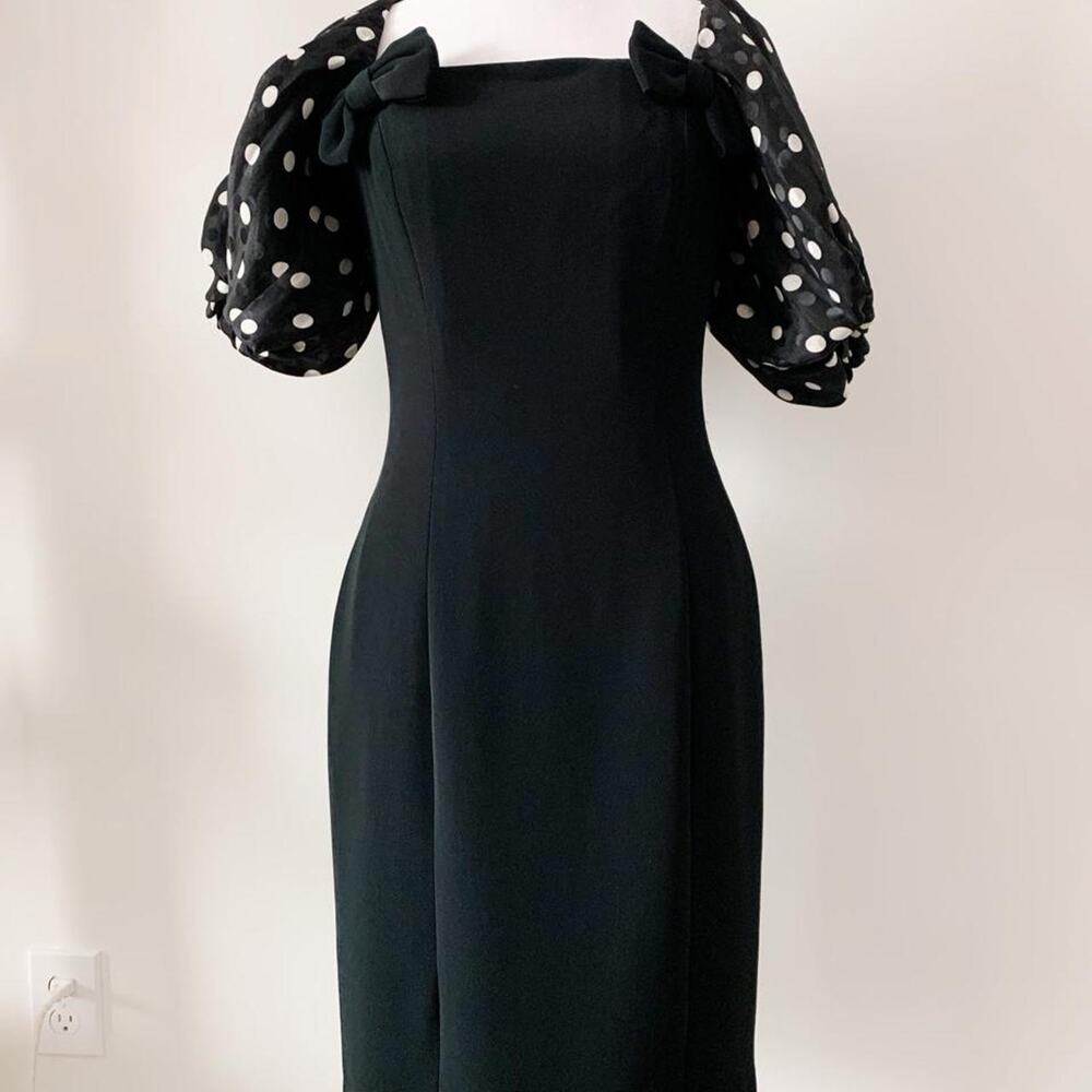 Vintage 80s Black Puff Sleeve Polka Dot Dress Size 2/4